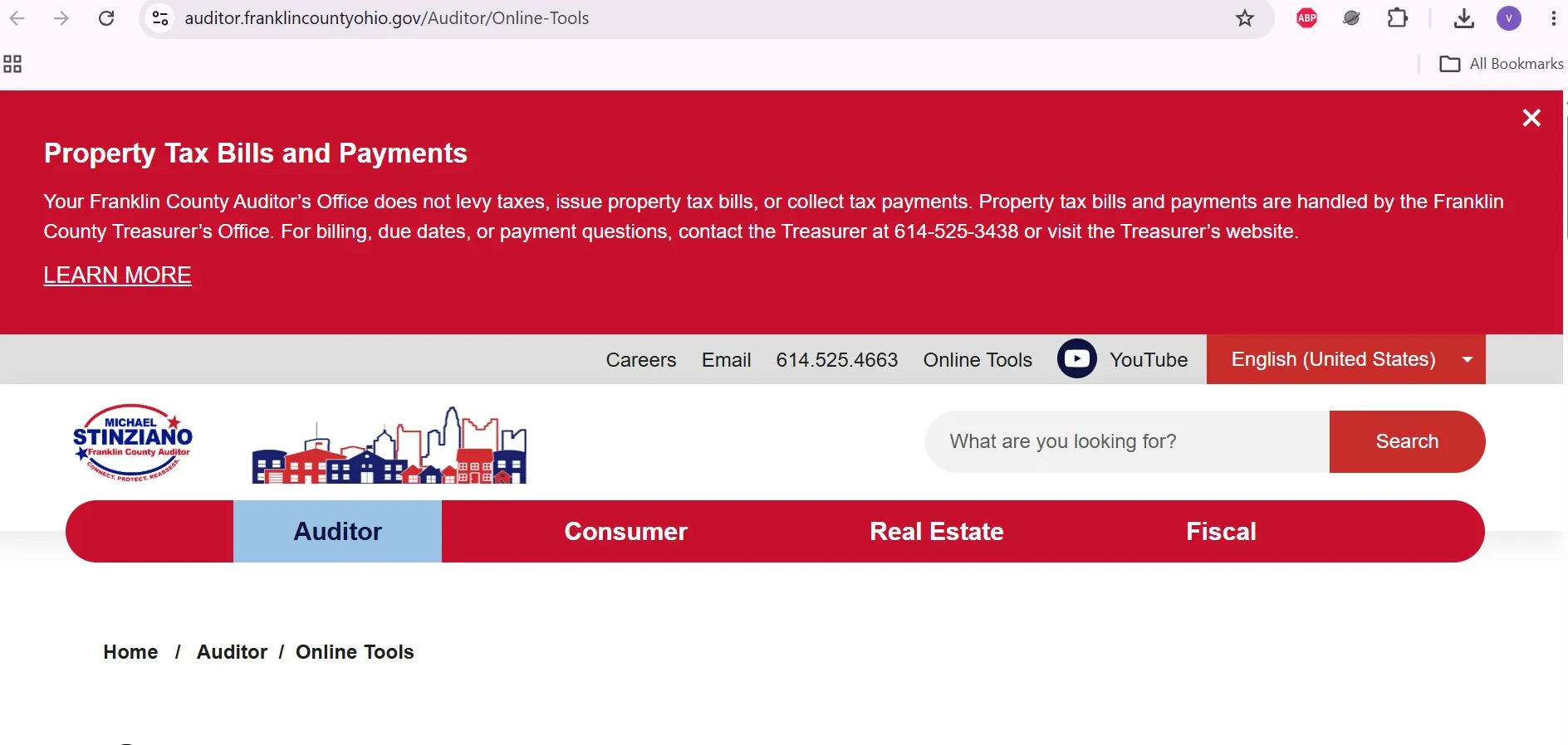 Franklin County Auditor official property search showing address, owner, parcel ID and map search options