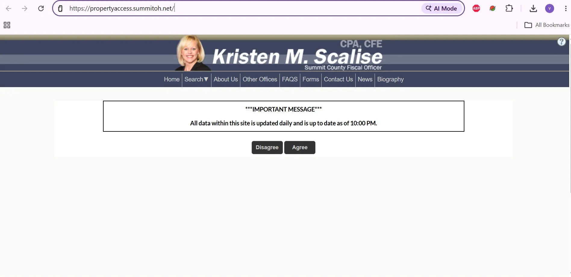 Official Summit County Fiscal Office property search interface with parcel, owner and address lookup options