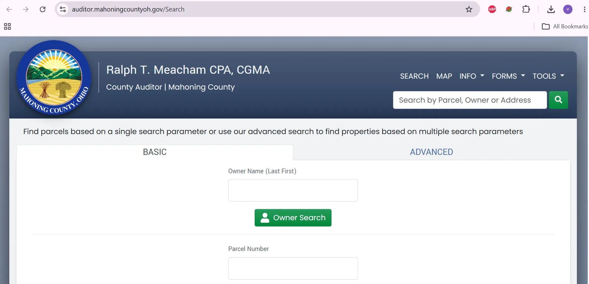 Mahoning County Auditor official property search showing owner, address, parcel number and advanced search options