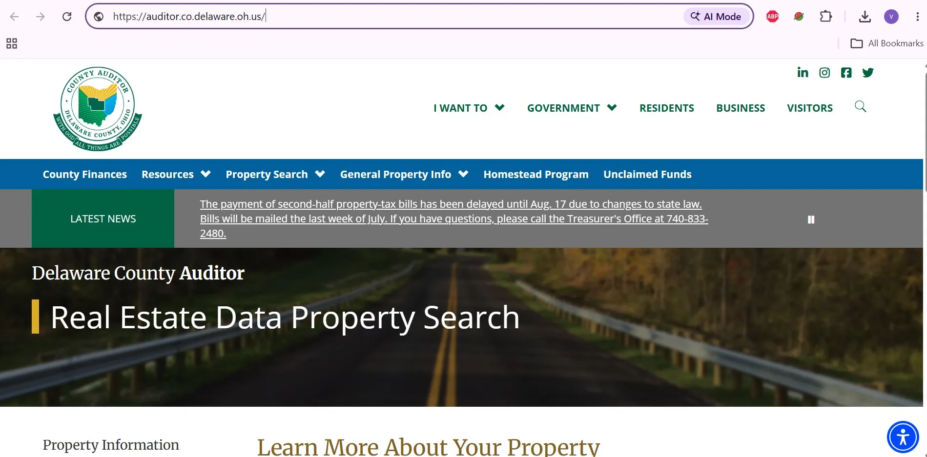 Official Delaware County Auditor property search with owner, address and parcel number lookup options