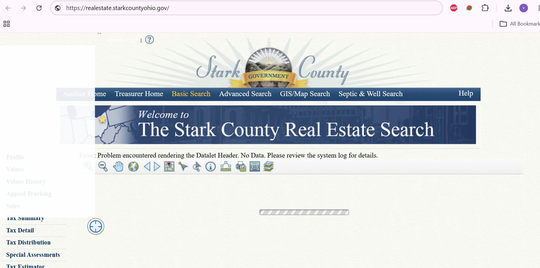 Official Stark County Auditor property search showing parcel, address and GIS map search options