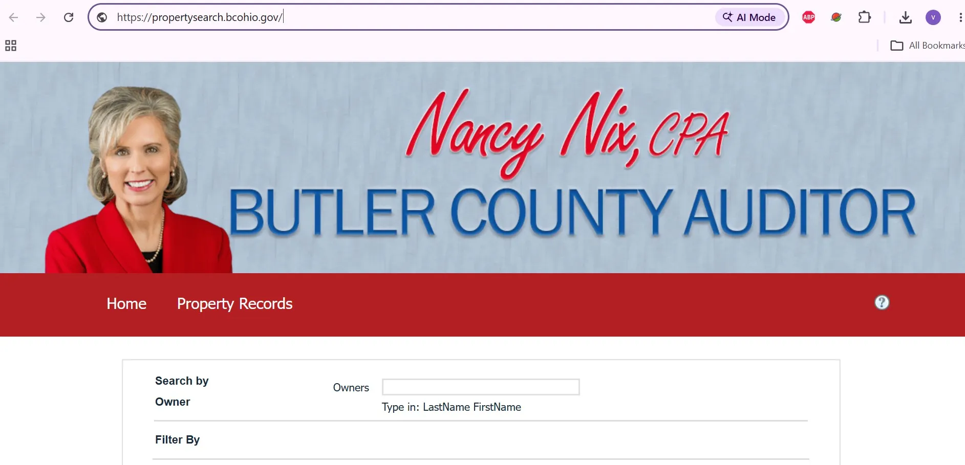 Official Butler County Auditor property search interface with owner, address, parcel and map search options