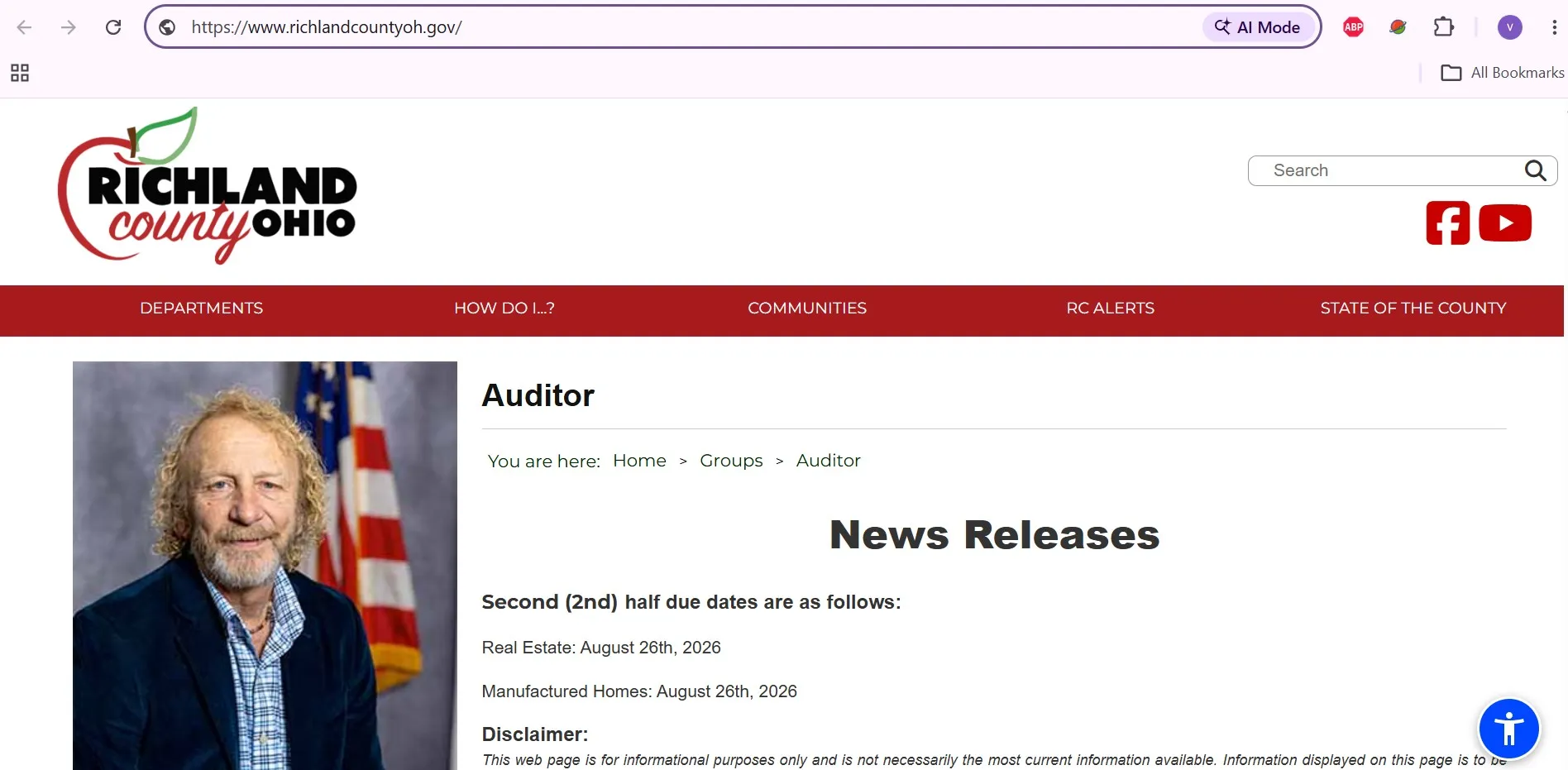 Richland County Auditor official property search showing owner, address and parcel number lookup options
