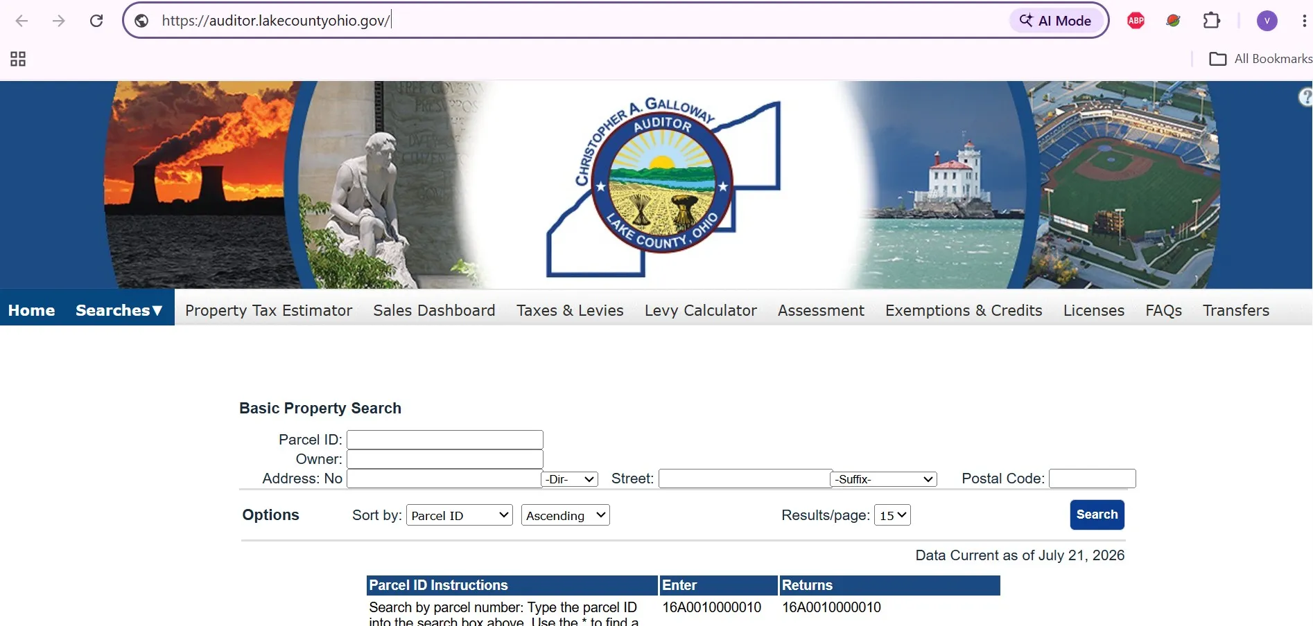 Official Lake County Auditor property search with parcel ID, owner name and address lookup fields