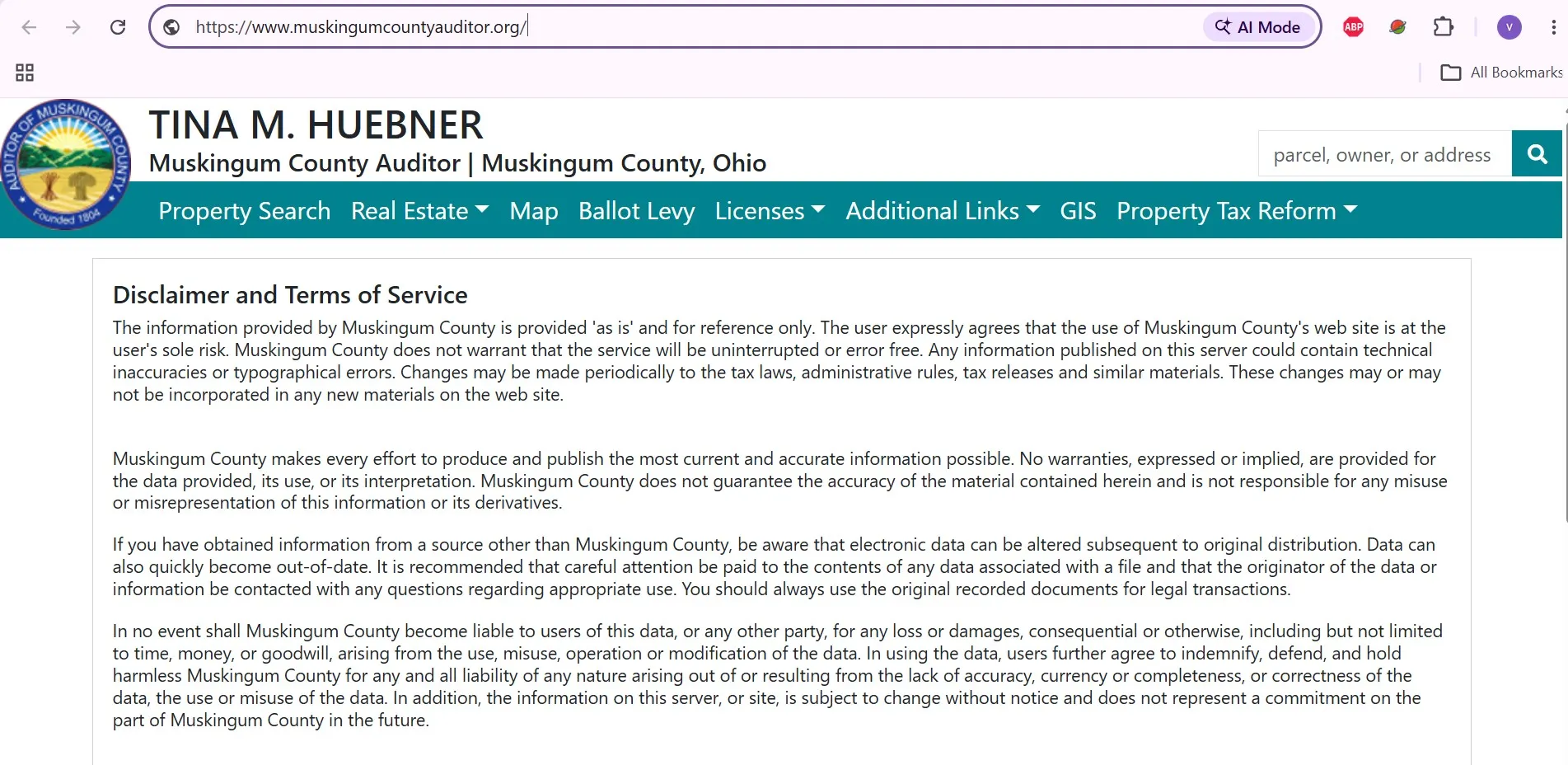 Official Muskingum County Auditor property search showing owner, address, parcel number and sales lookup options