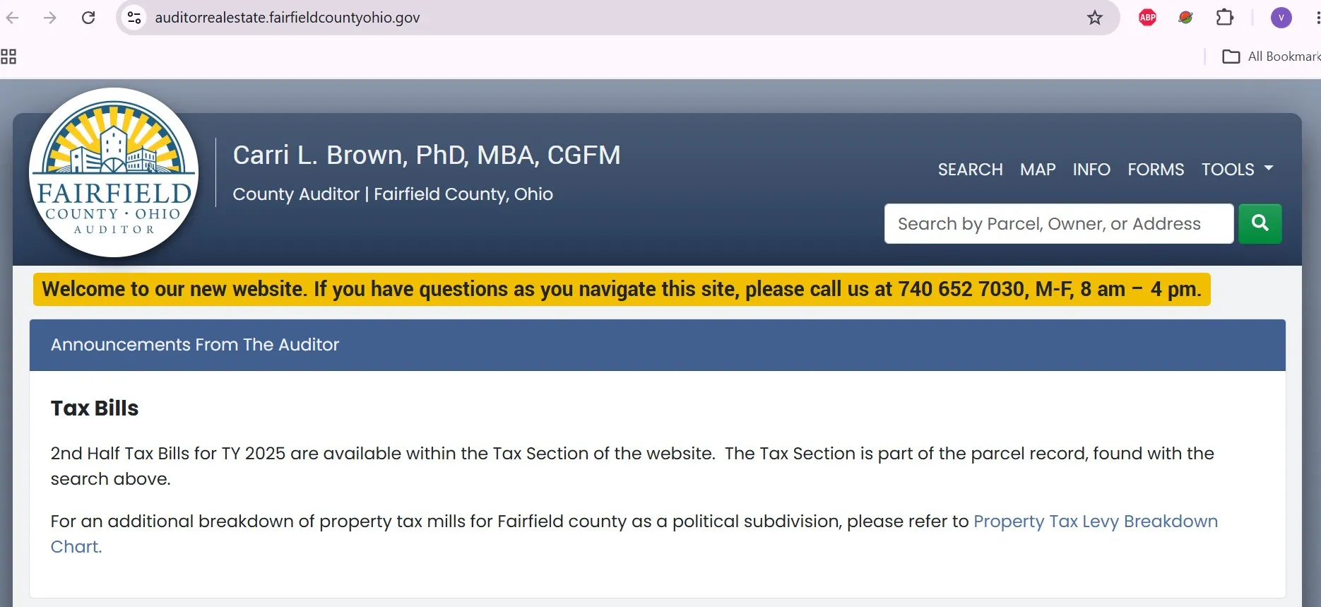 Fairfield County Auditor official property search showing owner, parcel number, address and advanced search filters