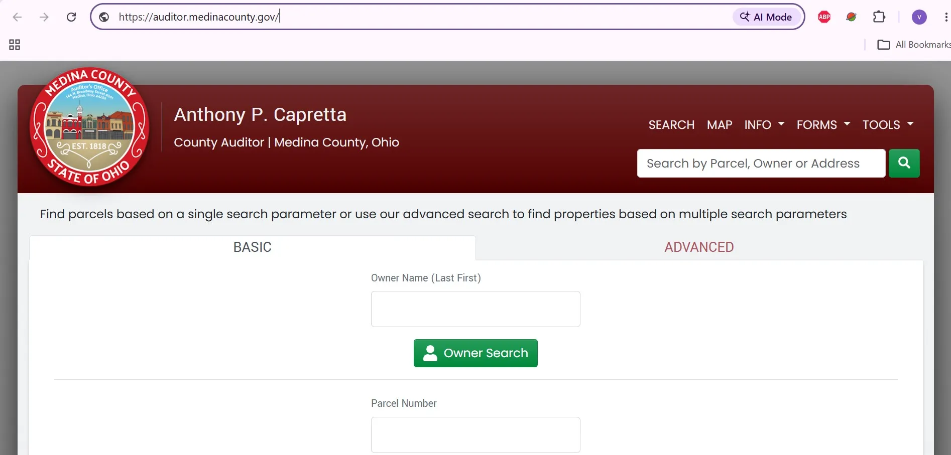 Official Medina County Auditor property search with owner, parcel, address and advanced lookup options