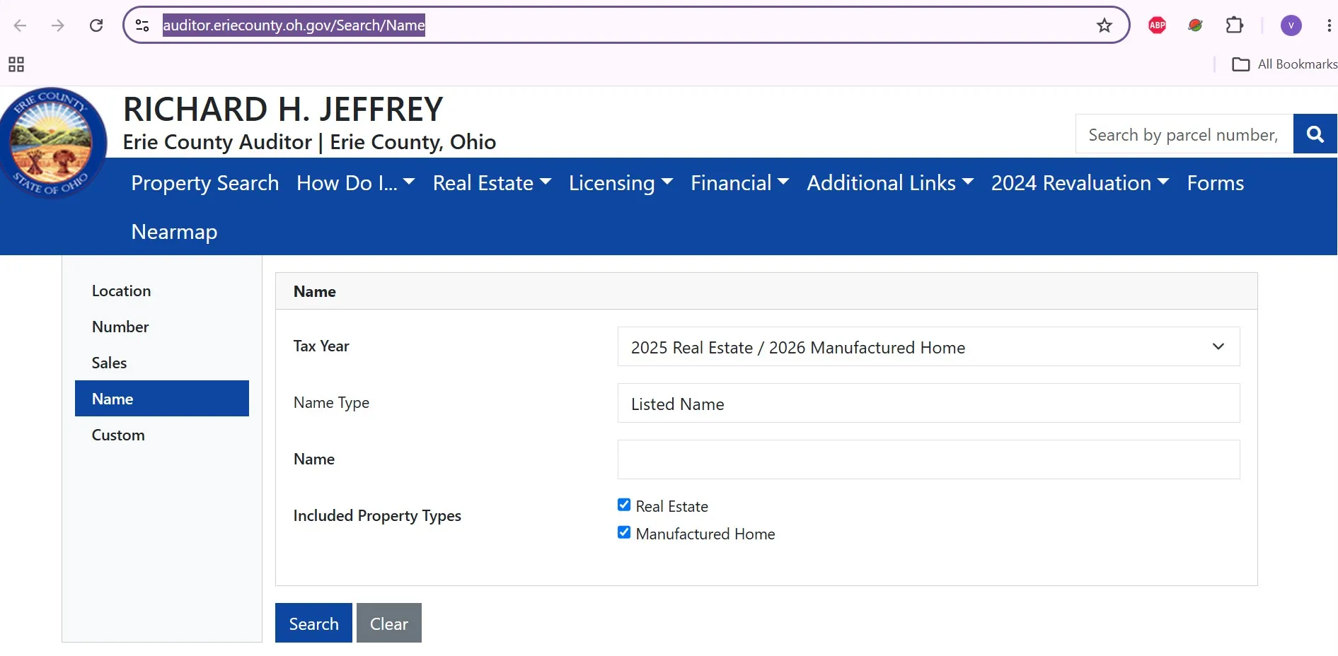 Official Erie County Auditor property search with owner, location, parcel number, sales and custom search options