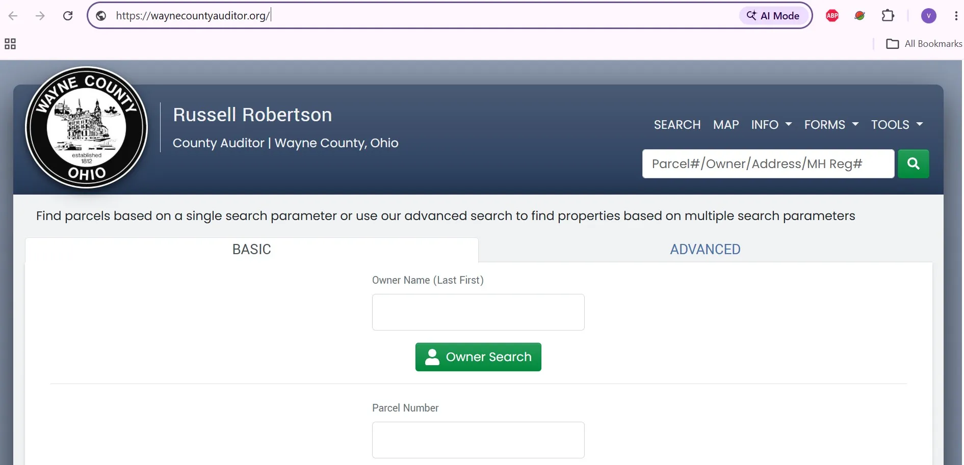 Official Wayne County Auditor property search interface with owner, parcel, address and manufactured-home lookup options